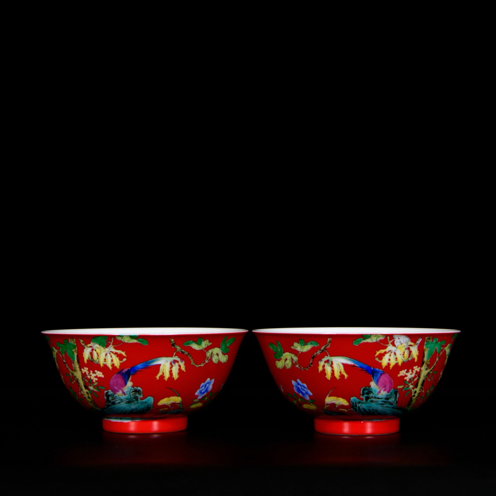 A Pair of Exquisite Red Glazed Enamel Flower and Bird Pattern Bowls,With Poem: A Pair of Exquisite Red Glazed Enamel Flower and Bird Pattern Bowls,With Poem,Qing Dynasty,China,Yongzheng Four-character Mark,Size:2.8inx5.9in 一对红釉珐琅彩