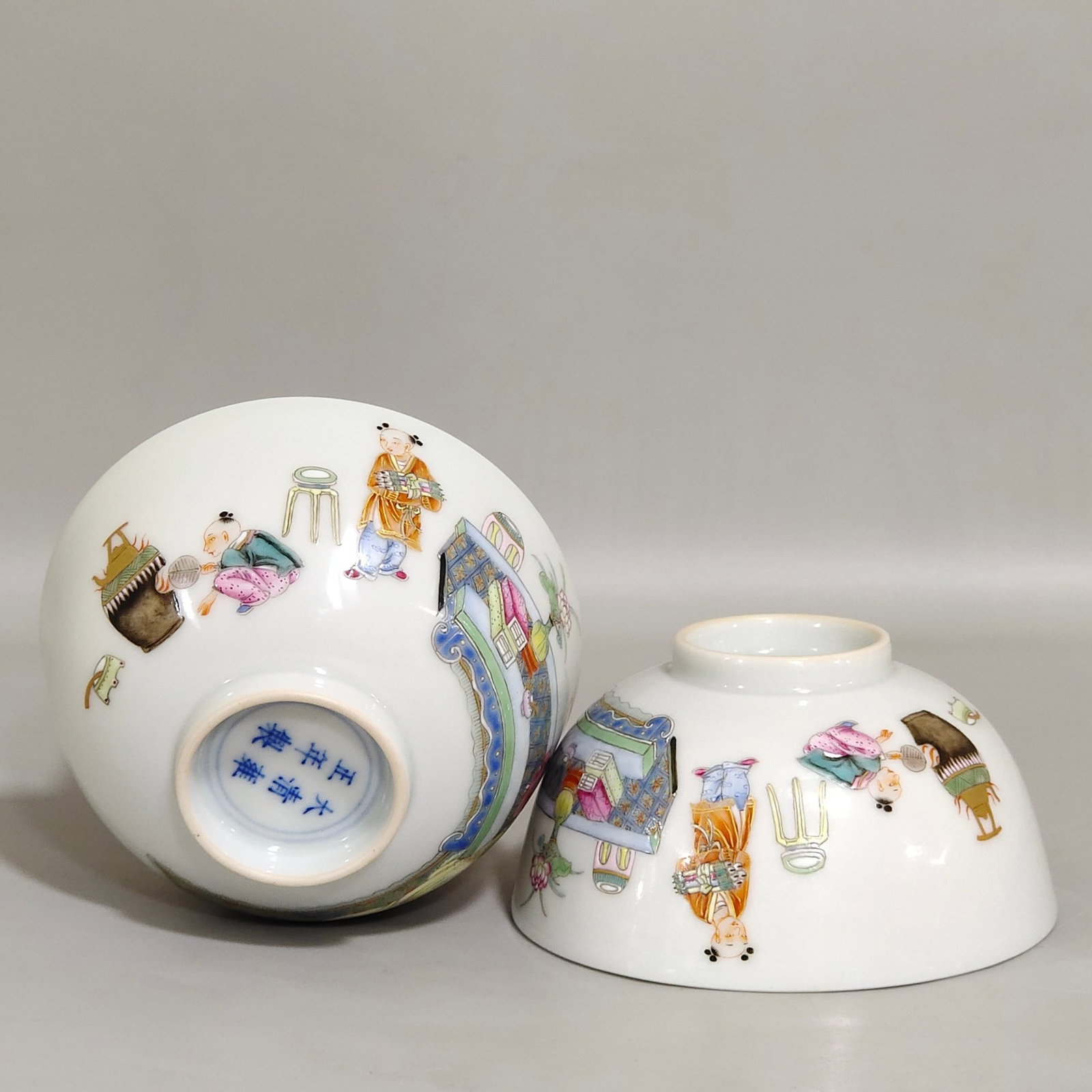 A Pair of Exquisite Famille-Rose Character and Story Pattern Cups: A Pair of Exquisite Famille-Rose Character and Story Pattern Cups,Qing Dynasty,China,Yongzheng Six-character Mark,Size:1.7inx3.3in