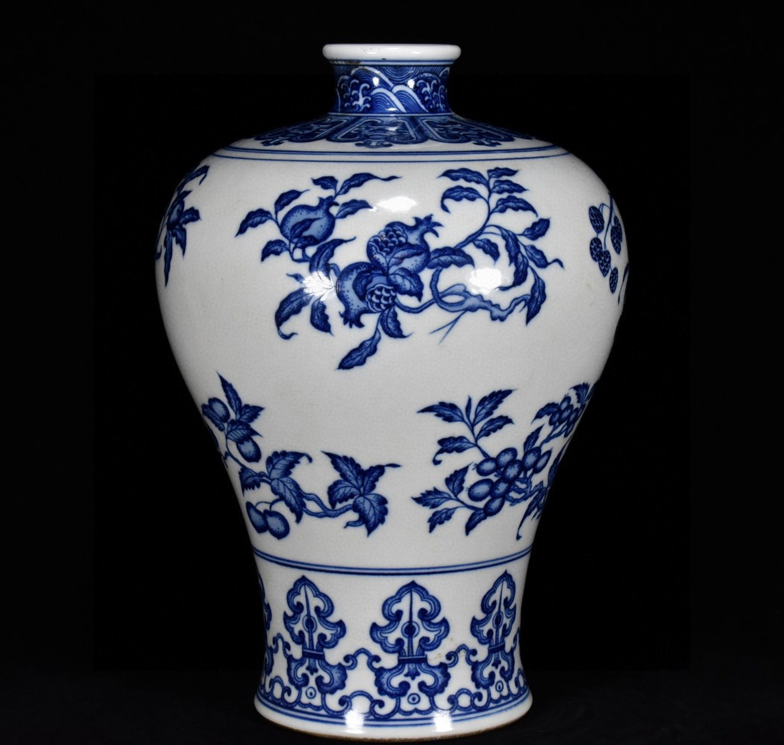 A Rare Blue and White Fruit Pattern Vase: A Rare Blue and White Fruit Pattern Vase,Qing Dynasty,China,Qianlong Six-character Mark,Size:11.8inx8.7in 青花果纹瓶,中国清代,乾隆