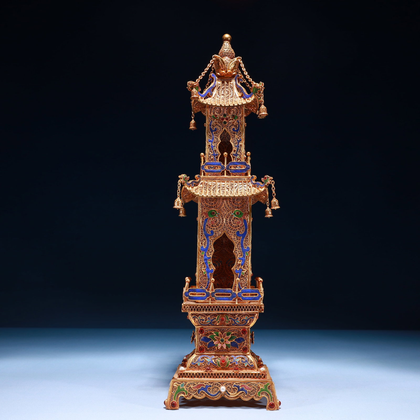 An Exquisite Filigree and Gilding Lotus Pattern Pagoda,Inlaid Pearl: An Exquisite Filigree and Gilding Lotus Pattern Pagoda,Inlaid Pearl,Qing Dynasty,China,Qianlong Four-character Mark,Size:5.1inx4.3inx18.1in,Weight:1250g
