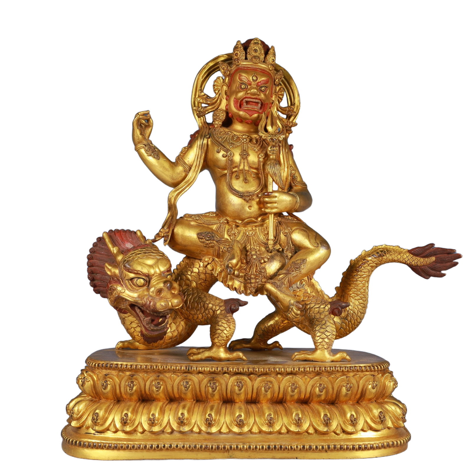 A Solemn Gilt Bronze Statue of Mammon Rides the Dragon: A Solemn Gilt Bronze Statue of Mammon Rides the Dragon,Qing Dynasty, China,Size:13.8inx5.9inx15.4in,Weight:10200g 铜鎏金骑龙财神像,中国ę