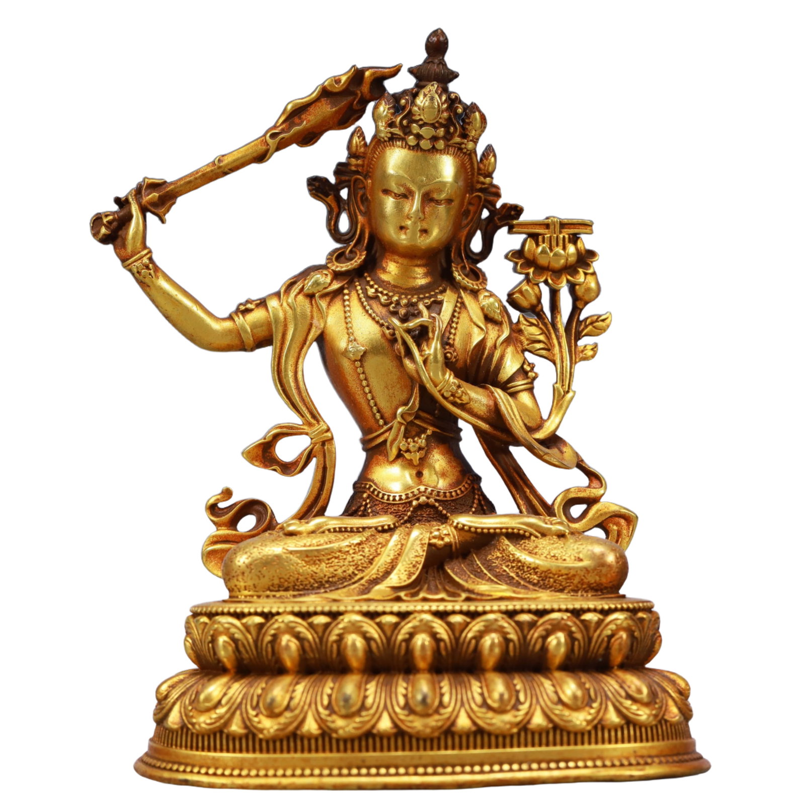 A Solemn Gilt Bronze Statue of Manjusri: A Solemn Gilt Bronze Statue of Manjusri,Qing Dynasty, China,Size:3.1inx2.2inx3.9in,Weight:576g 铜鎏金文殊菩萨像,中国清代