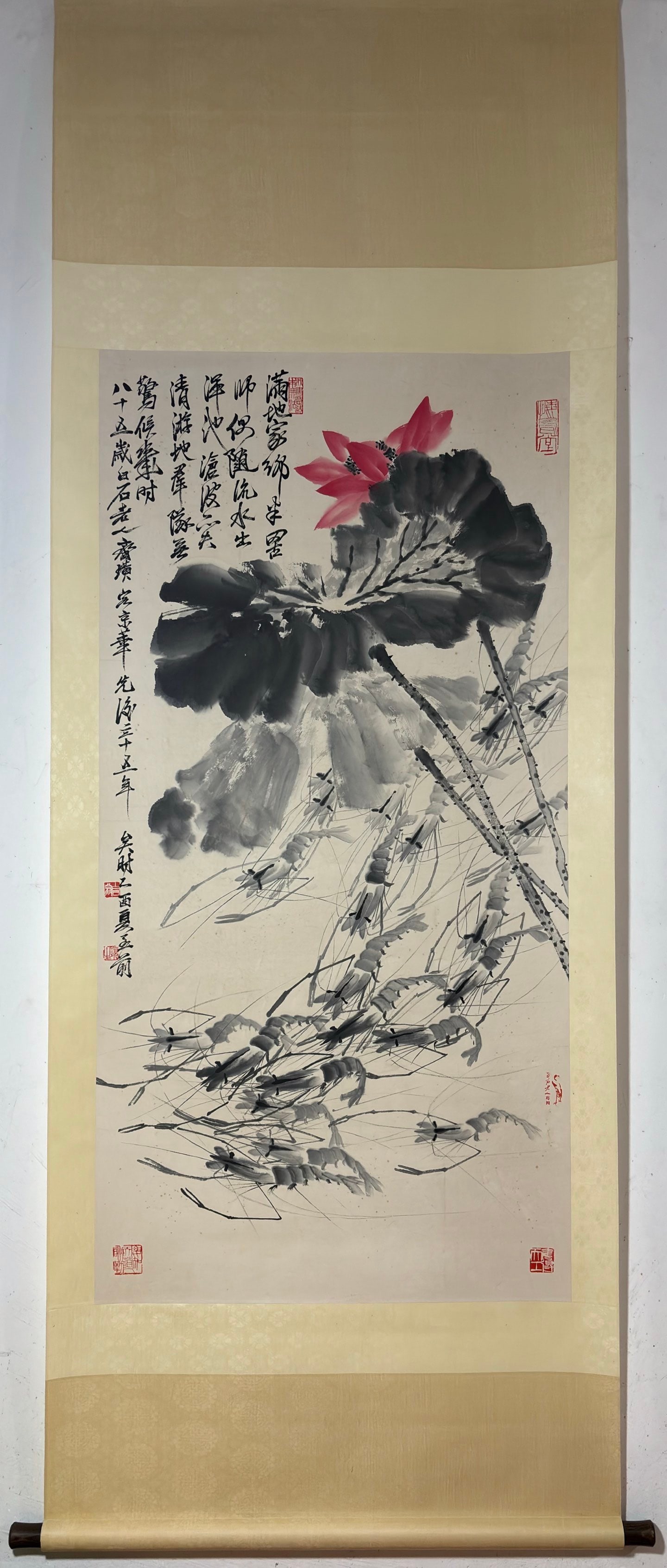 A Chinese Vertical Scroll Ink Painting of Shrimp on Paper: A Chinese Vertical Scroll Ink Painting of Shrimp on Paper Qi baishi Without frame Size:53.5inx26.8in齐白石群虾图 纸本立轴Without frame Size: