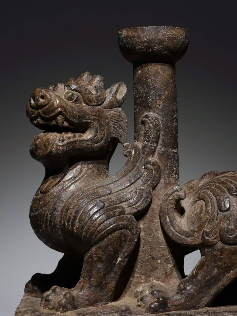 An Exquisite Limestone Auspicious Beast-Shaped Candlestick - 2