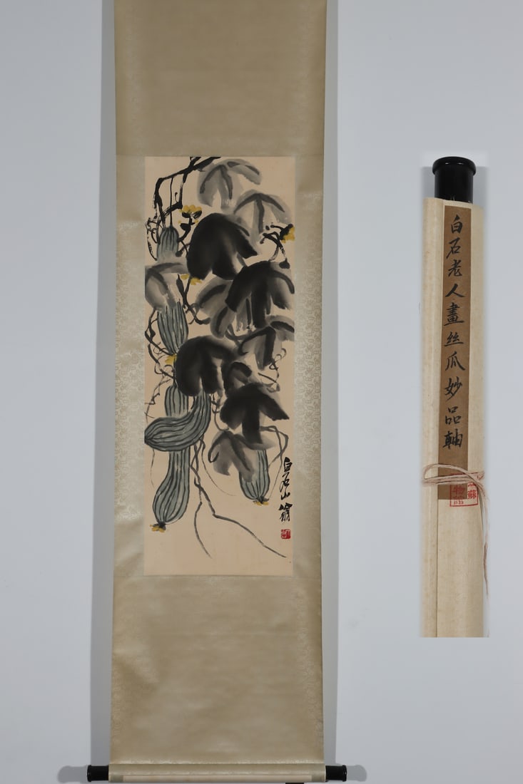 A Chinese Vertical Scroll Ink Painting of Melon and Fruit on Paper: A Chinese Vertical Scroll Ink Painting of Melon and Fruit on Paper Qi baishi Without frame Size:36.2inx13in齐白石書丝瓜軸