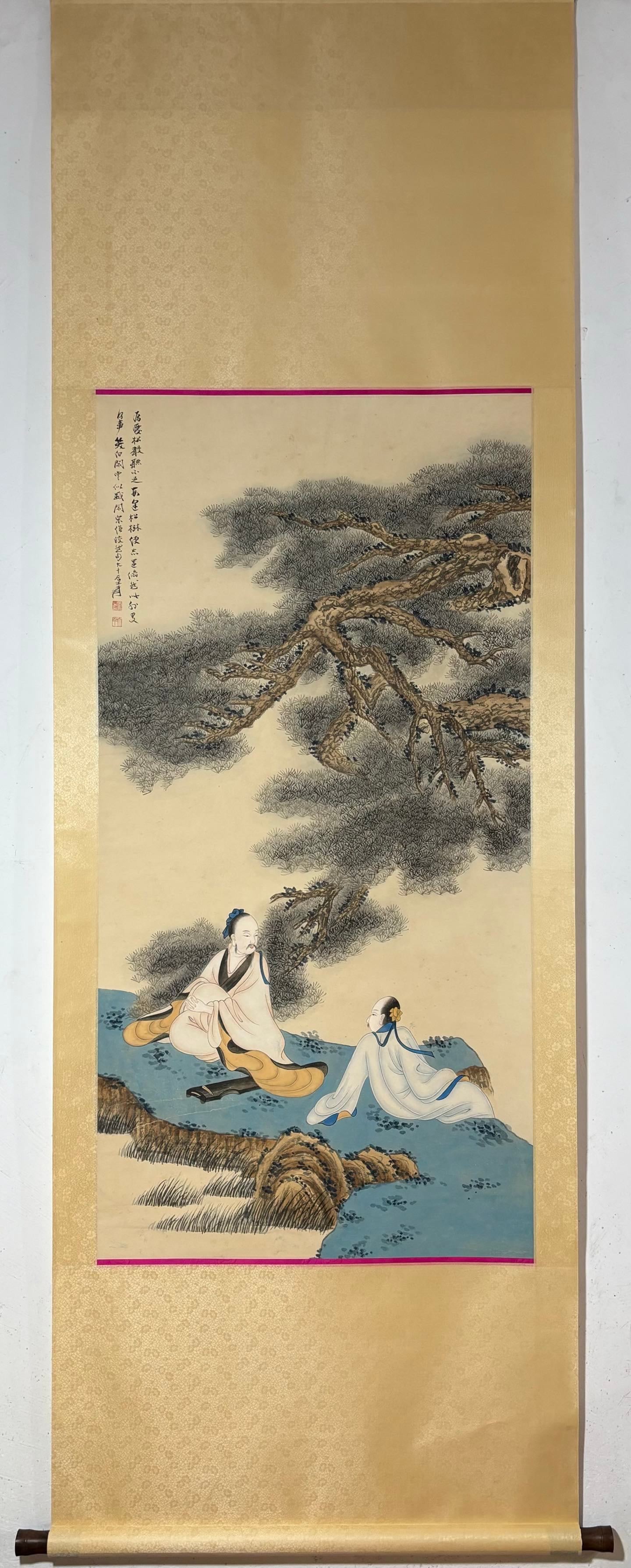 A Chinese Vertical Scroll Ink Painting of Figure on Paper: A Chinese Vertical Scroll Ink Painting of Figure on Paper Zhang daqian Without frame Size:50.8inx25.6in张大千松荫高士图 纸本立轴