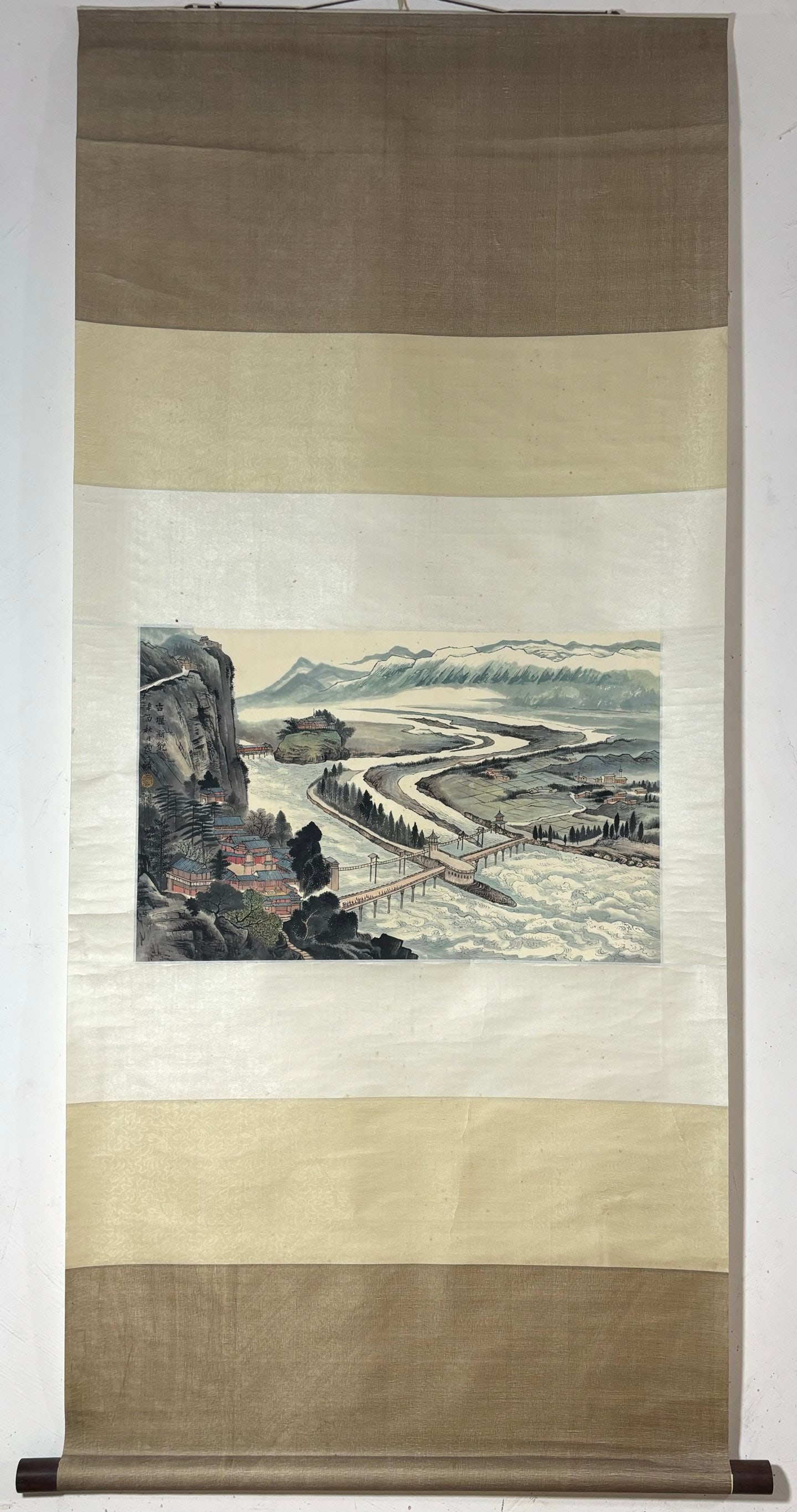 A Chinese Vertical Scroll Ink Painting of Landscape on Paper: A Chinese Vertical Scroll Ink Painting of Landscape on Paper Tao yiqing Without frame Size:15.7inx24.8in陶一清古堰新貌图 纸本立轴