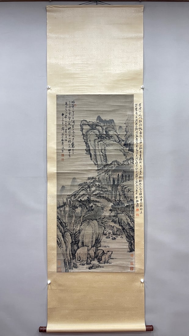 A Chinese Vertical Scroll Ink Painting of Landscape on Paper: A Chinese Vertical Scroll Ink Painting of Landscape on Paper Shi tao Without frame Size:47.2inx20.5in石涛山水 纸本立轴Without frame Size:120cmx52cm