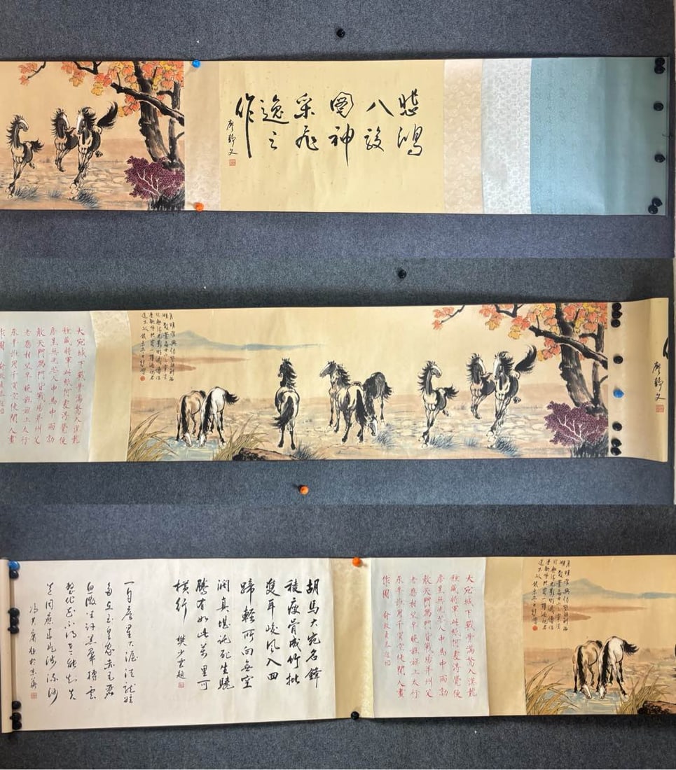 A Chinese Hand Scroll Ink Painting of Horse on Paper: A Chinese Hand Scroll Ink Painting of Horse on Paper Xu beihong Size:22.4inx69.3in徐悲鸿八骏图 纸本手卷Size:57cmx176cm