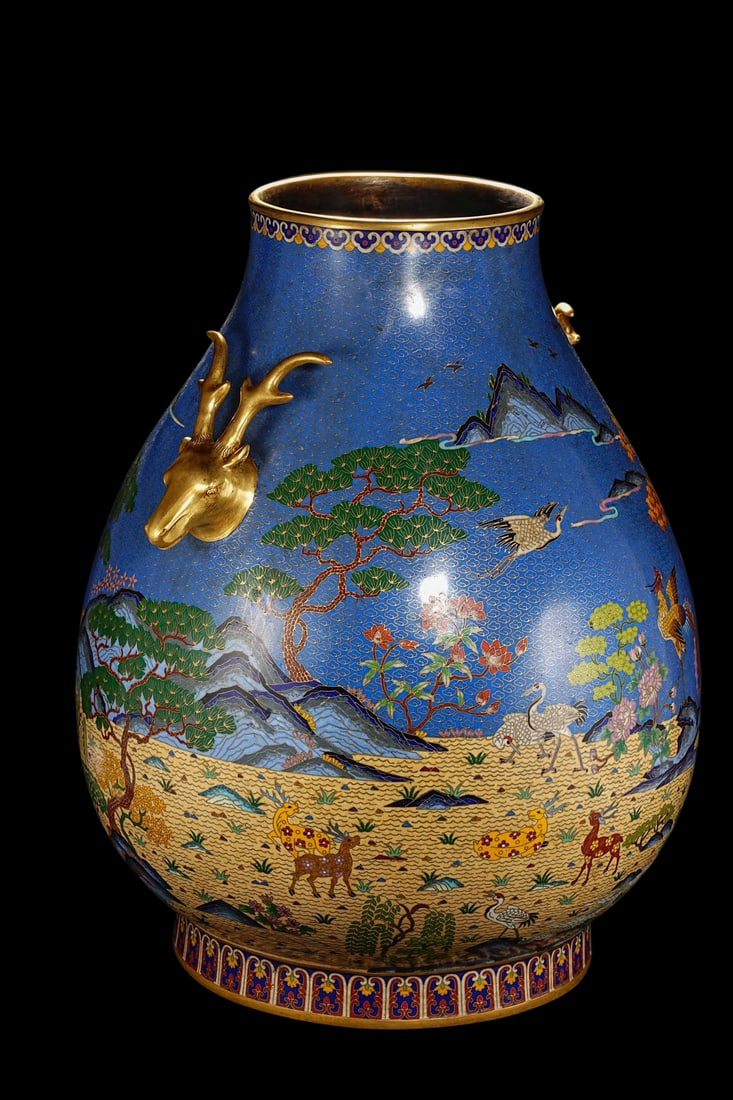An Exquisite Cloisonne Sika Deer Pattern Flower and Bird Pattern Double-Ears Vase - 5