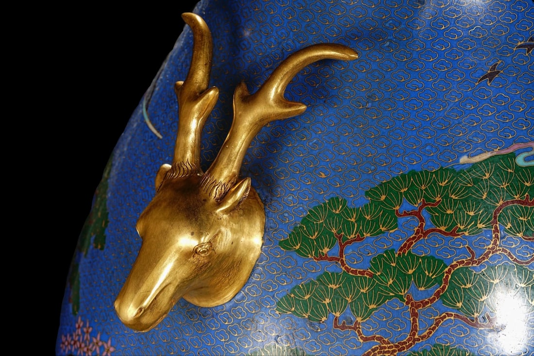 An Exquisite Cloisonne Sika Deer Pattern Flower and Bird Pattern Double-Ears Vase - 6
