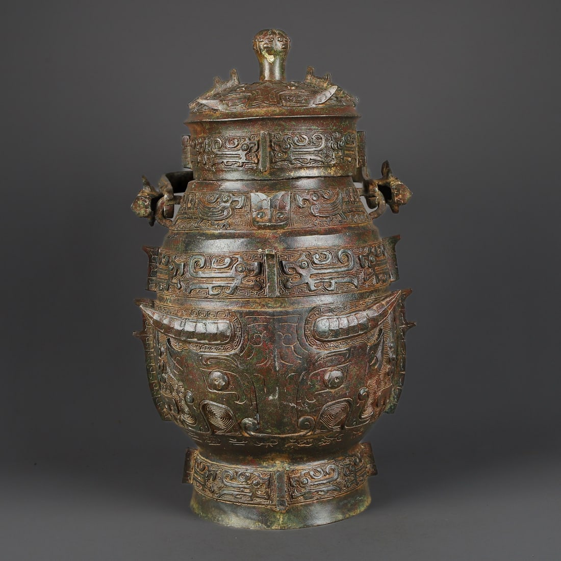 An Exquisite Bronze Beast-Face Pattern Double-Ears Vase - 6