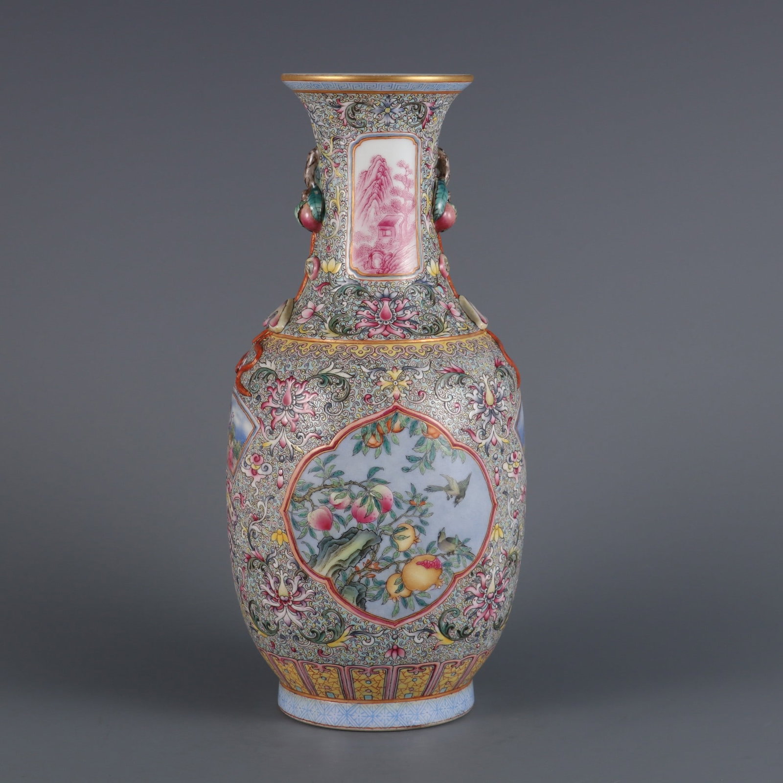 An Exquisite Enamel Flower and Bird Pattern Lotus Pattern Double-Ears Vase: An Exquisite Enamel Flower and Bird Pattern Lotus Pattern Double-Ears Vase Qing Dynasty, China Qianlong Six-character Mark Size:10.4inx4.7in珐琅彩开窗花鸟