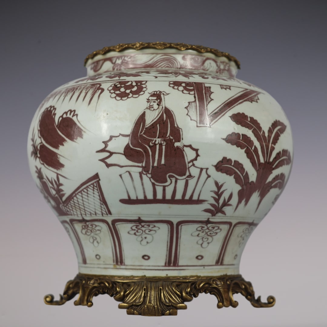 An Exquisite Blue and White Underglaze-Red Inlaid Bronze Character and Story Pattern Lotus Pattern: An Exquisite Blue and White Underglaze-Red Inlaid Bronze Character and Story Pattern Lotus Pattern Jar Yuan Dynasty, China Size:13inx11.8in青花釉里红人物ă