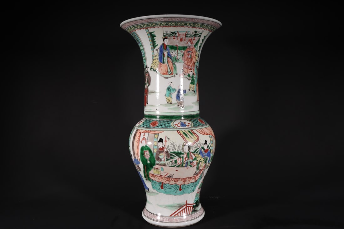 An Exquisite Wucai Character and Story Pattern Vase: An Exquisite Wucai Character and Story Pattern Vase Qing Dynasty, China Size:17.3inx8.9in五彩人物花觚 中国清代 Size:44cmx22.5cm