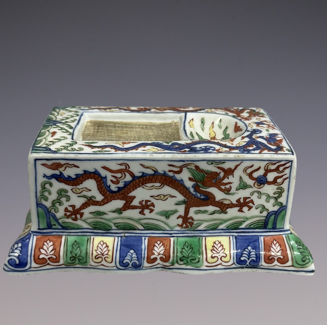 An Exquisite Wucai Dragon Pattern Seawater Pattern Inkstone - 3
