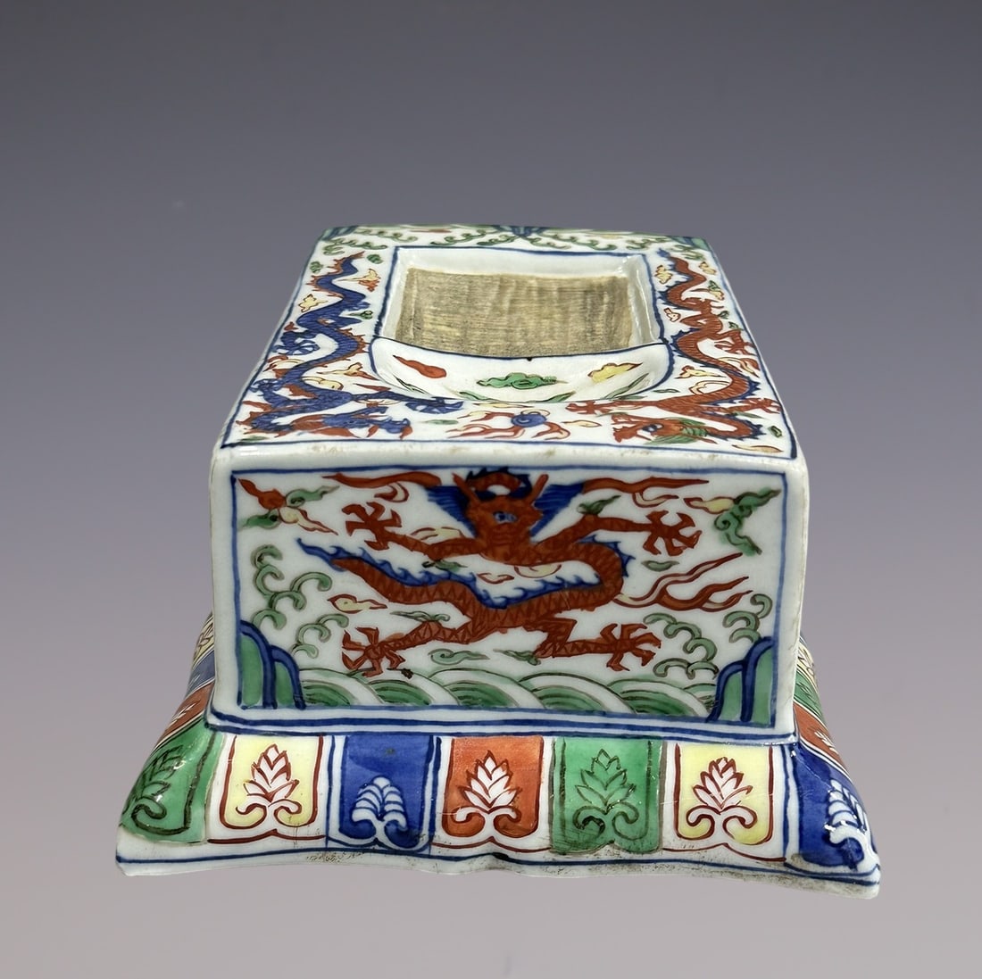 An Exquisite Wucai Dragon Pattern Seawater Pattern Inkstone - 4