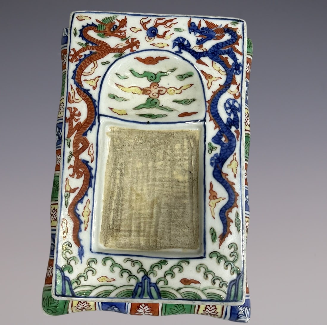 An Exquisite Wucai Dragon Pattern Seawater Pattern Inkstone - 8