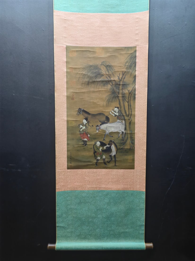 A Chinese Vertical Scroll Ink Painting of Character and Story on Silk (1 of 9)