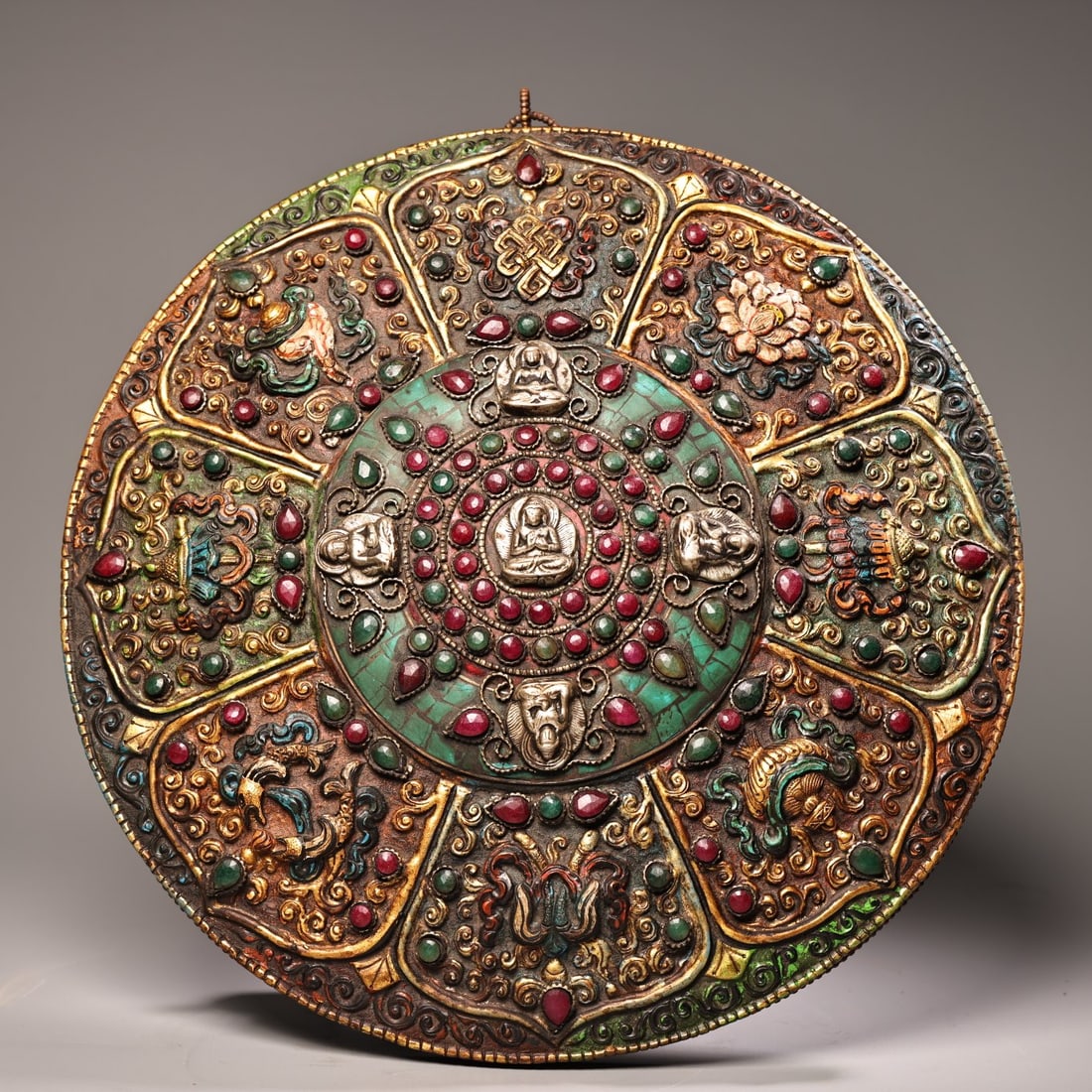 An Exquisite Bronze Inlaid Gems Painted Gold Painted Color Eight Treasures Pattern Altar City Tangka: An Exquisite Bronze Inlaid Gems Painted Gold Painted Color Eight Treasures Pattern Altar City Tangka Qing Dynasty, China Diameter Size:11in