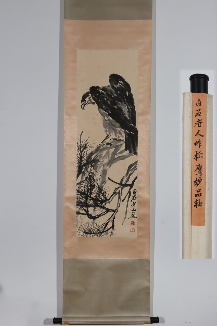 A Chinese Vertical Scroll Ink Painting of Eagle on Paper: A Chinese Vertical Scroll Ink Painting of Eagle on Paper Qi baishi Without frame Size:40.6inx13.4in齐白石作松鹰圖軸 纸本立轴With