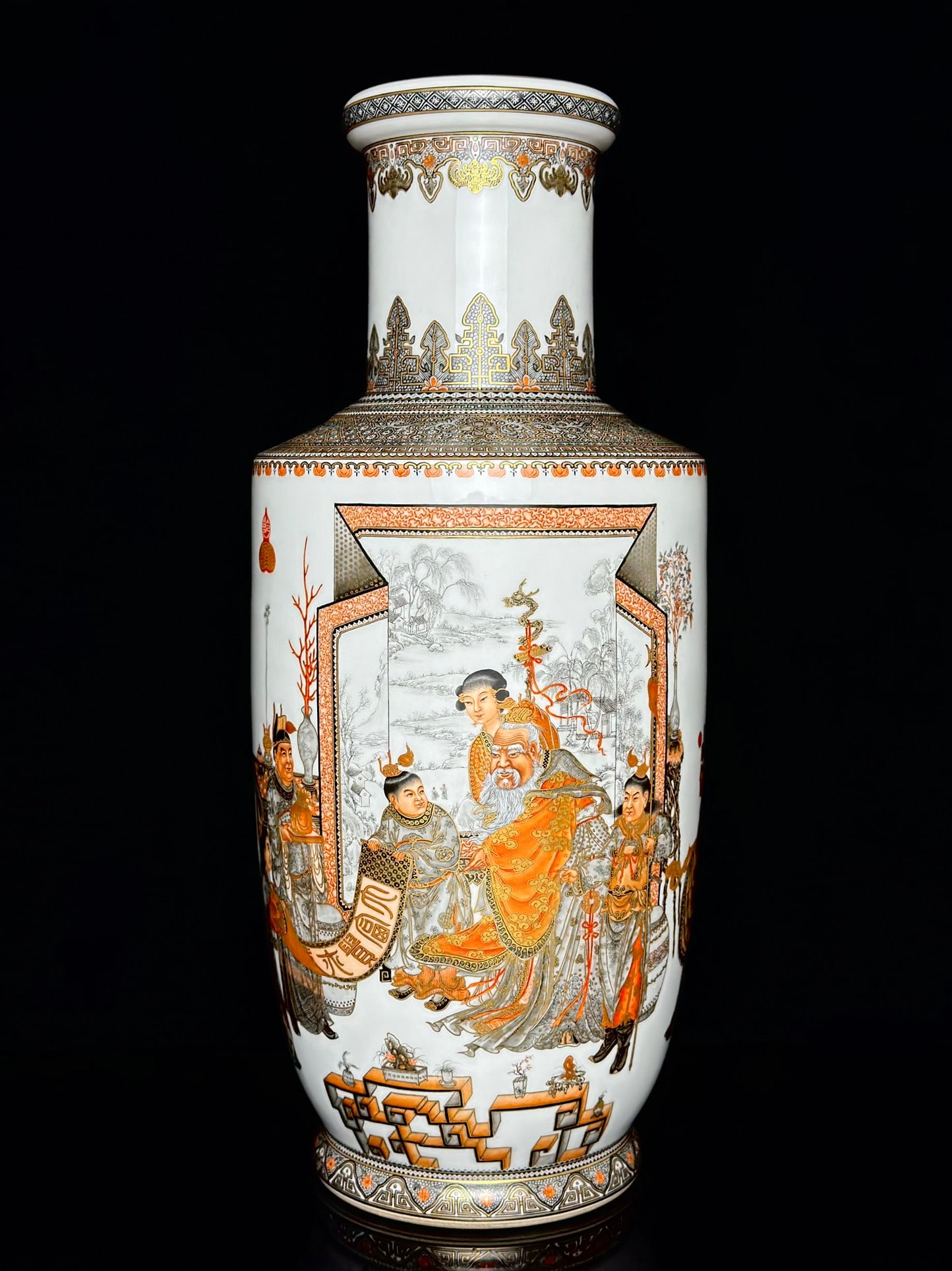 An Exquisite Ink Color Iron-Red Painted Gold Character and Story Pattern with poem Vase: An Exquisite Ink Color Iron-Red Painted Gold Character and Story Pattern with poem Vase Qing Dynasty, China Qianlong Six-character Mark Size:16.9inx7.3in墨彩描金图案