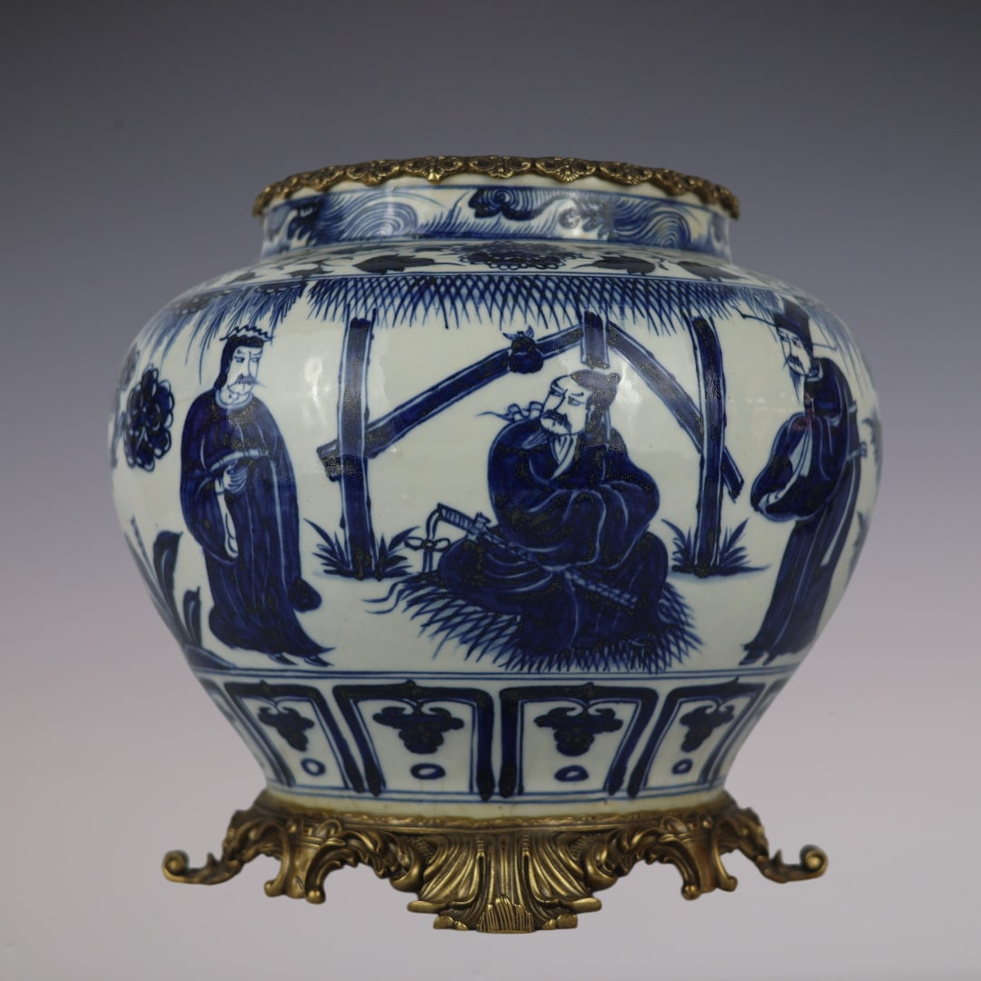 An Exquisite Blue and White Underglaze-Red Inlaid Bronze Character and Story Pattern Jar (1 of 9)