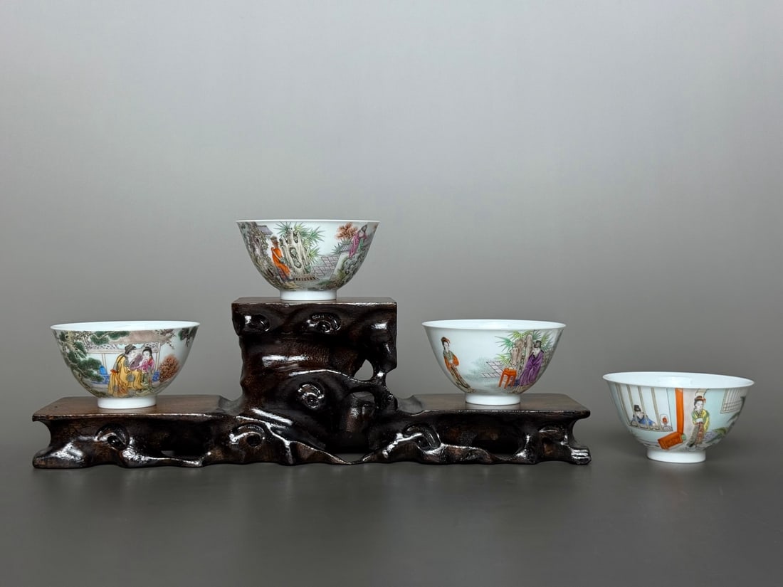 A Set of Fine Famille-Rose Character and Story Pattern with poem Cup: A Set of Fine Famille-Rose Character and Story Pattern with poem Cup Qing Dynasty, China Yongzheng Four-character Mark Size:1.5inx2.7in古彩西厢记人物故&