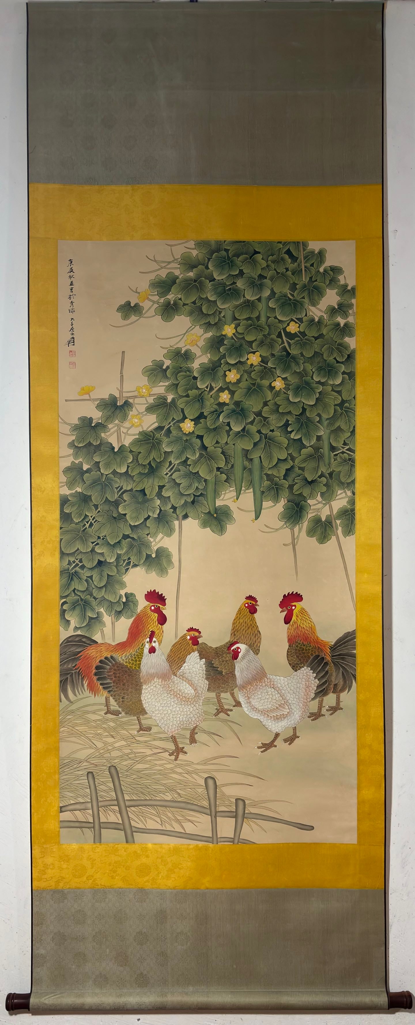 A Chinese Vertical Scroll Ink Painting of Rooster on Paper: A Chinese Vertical Scroll Ink Painting of Rooster on Paper Zhang daqian Without frame Size:51.6inx25.6in张大千大吉图 纸本立轴Without frame