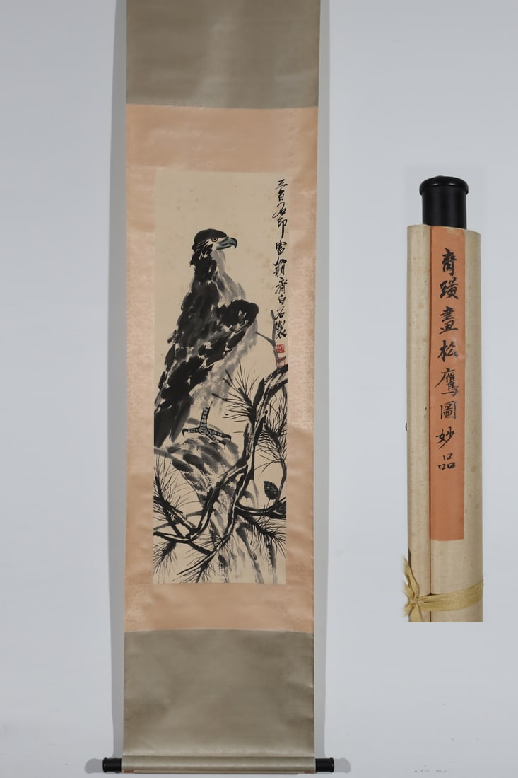 A Chinese Vertical Scroll Ink Painting of Eagle on Paper: A Chinese Vertical Scroll Ink Painting of Eagle on Paper Qi baishi Without frame Size:40.7inx13.4in齐黄書松鹰圖 纸本立轴Without frame