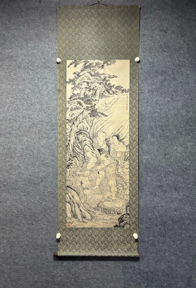 A Chinese Vertical Scroll Ink Painting of Figure Character and Story on Paper: A Chinese Vertical Scroll Ink Painting of Figure Character and Story on Paper Shi tao Size:52.4inx19.7in石涛人物 纸本立轴Size:133cmx50cm