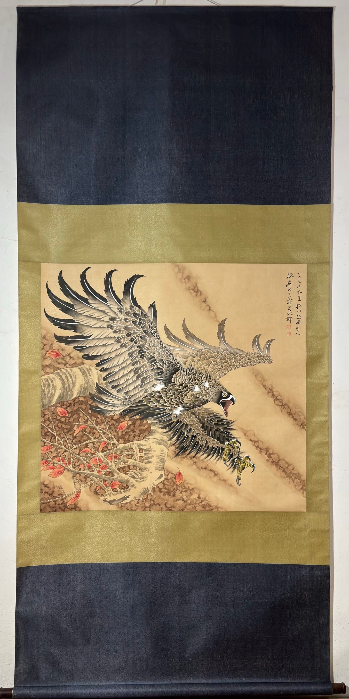 A Chinese Vertical Scroll Ink Painting of Eagle on Paper: A Chinese Vertical Scroll Ink Painting of Eagle on Paper Zhang daqian Without frame Size:33.9inx36.2in张大千雄鹰展翅图 纸本立轴W