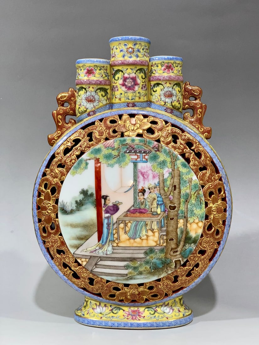 An Exquisite Iron-Red Painted Gold Lotus Pattern Character and Story Pattern Double-Ears Vase: An Exquisite Iron-Red Painted Gold Lotus Pattern Character and Story Pattern Double-Ears Vase Qing Dynasty, China Qianlong Four-character Mark Size:11.2inx7.9in黄地缠枝莲