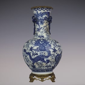 An Exquisite Blue and White Inlaid Bronze Dragon Pattern Seawater Pattern Vase