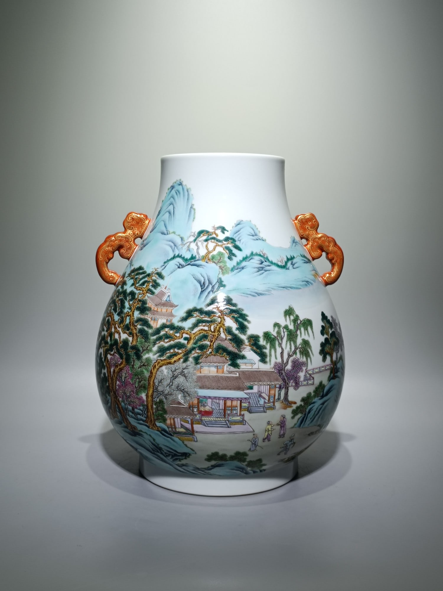 A Rare Enamel Landscape and Figure Pattern Double-Ears Vase: A Rare Enamel Landscape and Figure Pattern Double-Ears Vase,Qing Dynasty,China,Qianlong Six-character Mark,Size:13.2inx10.4in 珐琅彩山水人物纹双&#