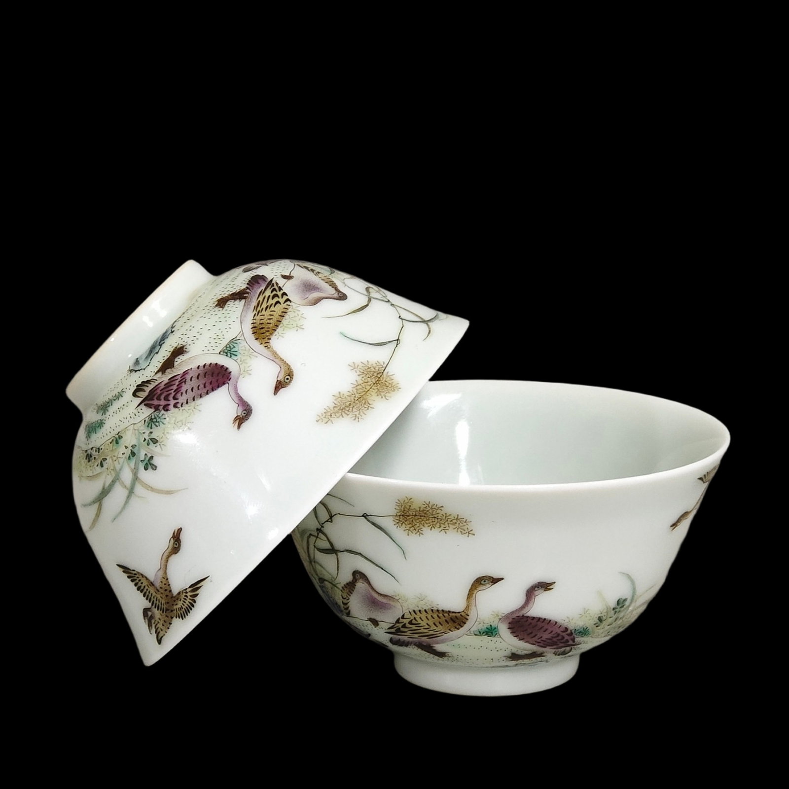 A Pair of Exquisite Ink Color Flower and Bird Pattern Cups,with poem: A Pair of Exquisite Ink Color Flower and Bird Pattern Cups,with poem,Qing Dynasty,China,Yongzheng Four-character Mark,Size:1.5inx3in 一对墨彩花鸟纹杯