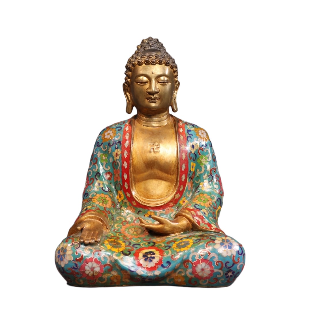 An Exquisite Gilt Bronze Cloisonne Lotus Pattern Statue of Sakyamuni: An Exquisite Gilt Bronze Cloisonne Lotus Pattern Statue of Sakyamuni,Ming Dynasty,China,Yongle Six-character Mark,Size:12.6inx8.3inx6.3in,Weight:3750g 铜鎏金景泰蓝&