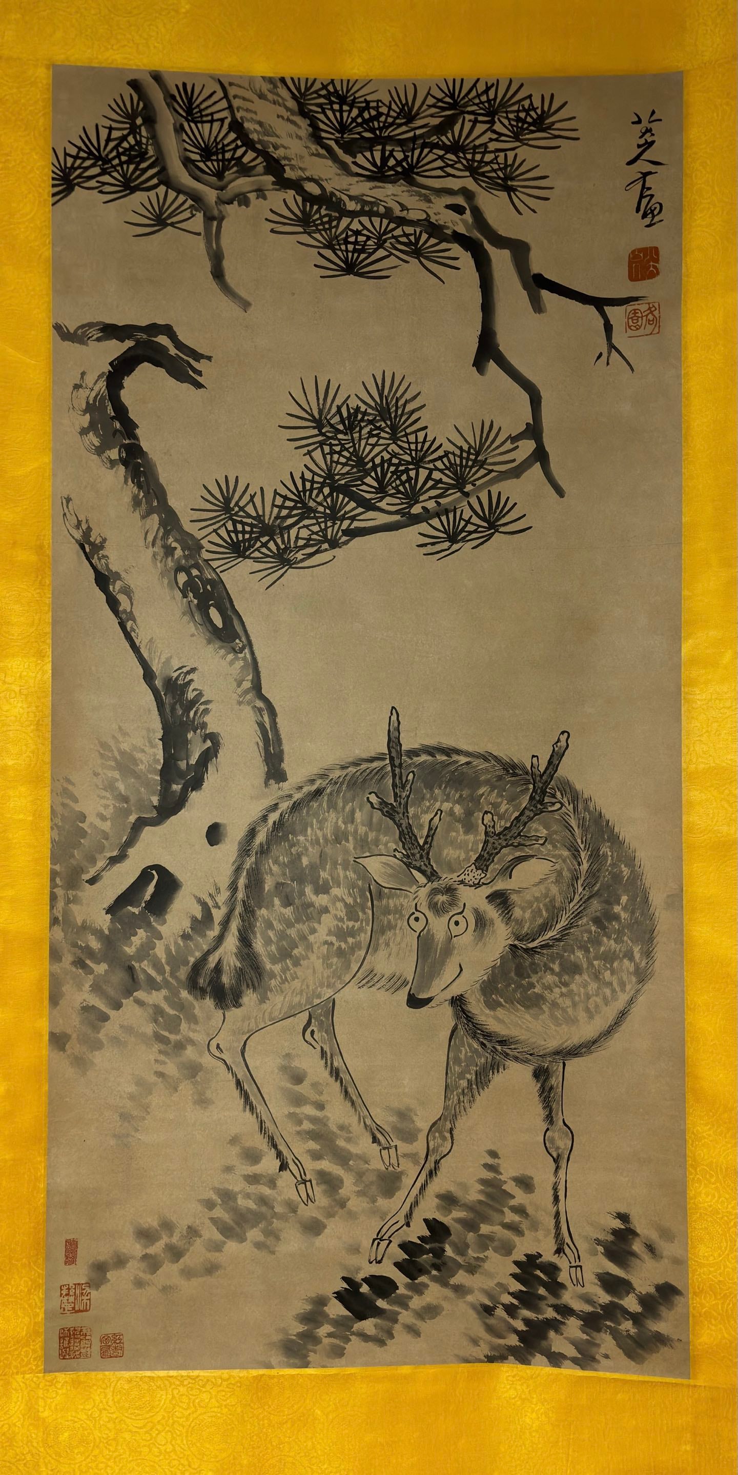 A Chinese Vertical Scroll Ink Painting of Deer on Paper - 2