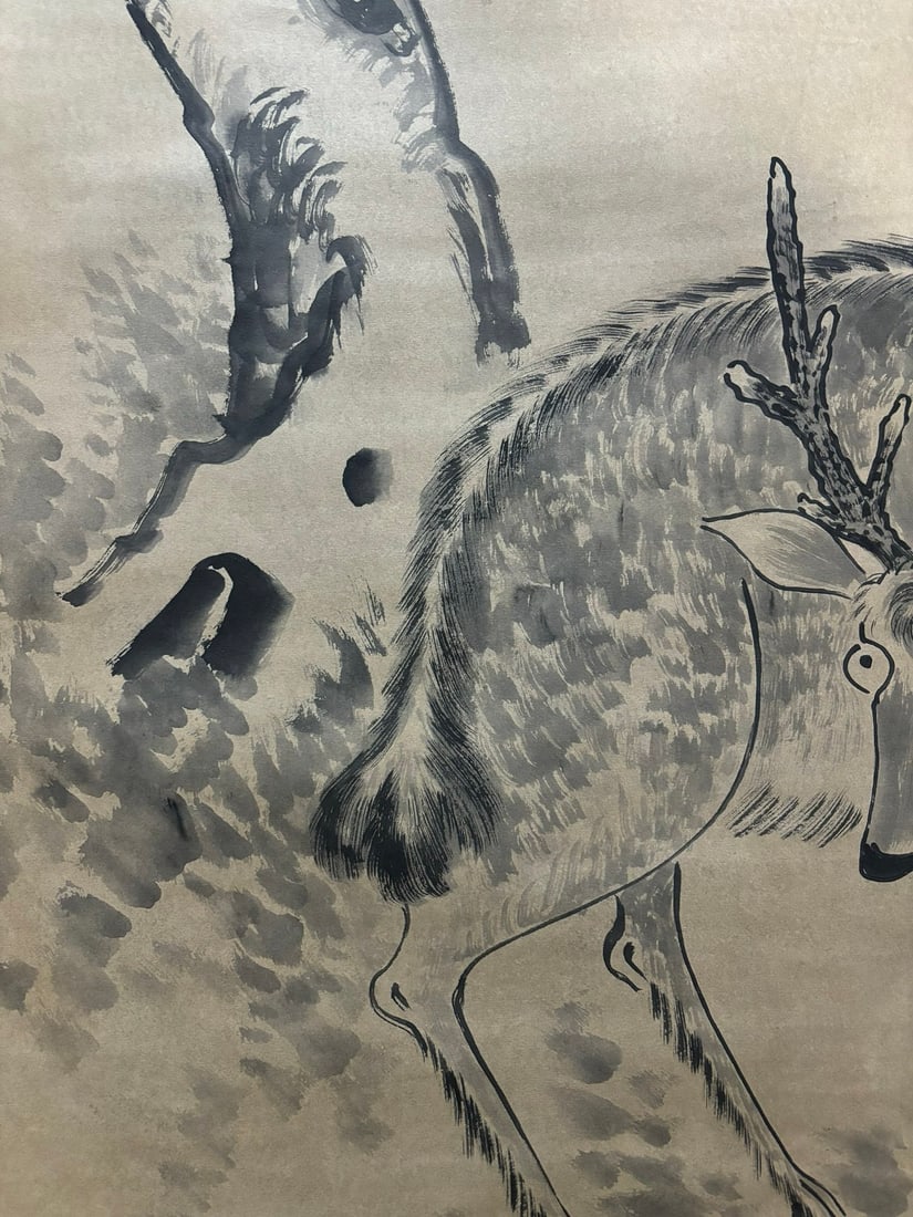 A Chinese Vertical Scroll Ink Painting of Deer on Paper - 5