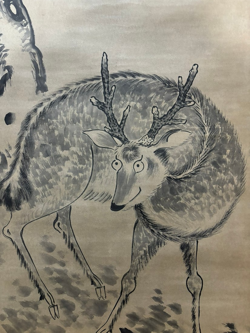 A Chinese Vertical Scroll Ink Painting of Deer on Paper - 6