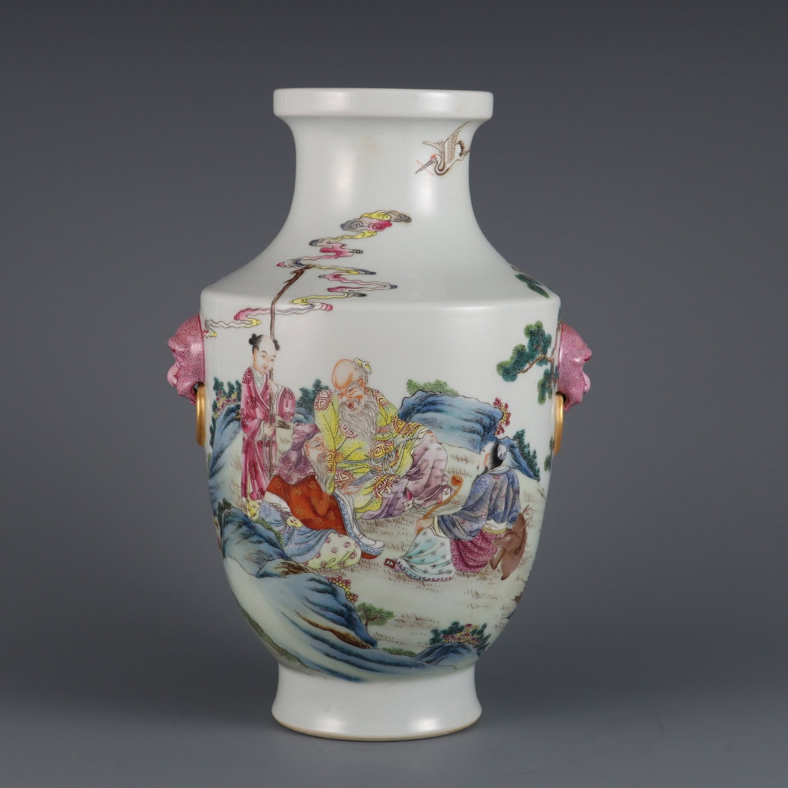 A Rare Famille-Rose Character and Story Pattern Beast-Ears Vase: A Rare Famille-Rose Character and Story Pattern Beast-Ears Vase,Qing Dynasty,China,Qianlong Six-character Mark,Size:12inx4in 粉彩人物故事纹兽耳