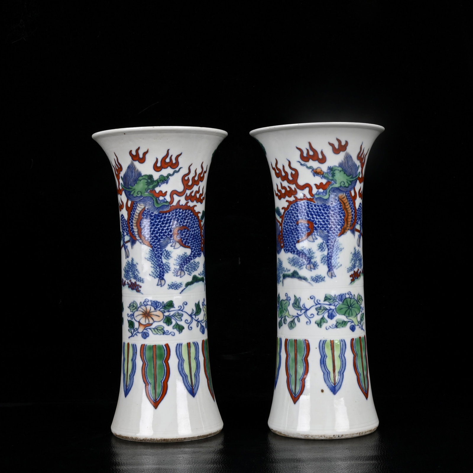 A Pair of Exquisite Doucai Kylin Pattern Vases: A Pair of Exquisite Doucai Kylin Pattern Vases,Qing Dynasty,China,Size:9.8inx4.3in 一对斗彩麒麟纹瓶,中国清代