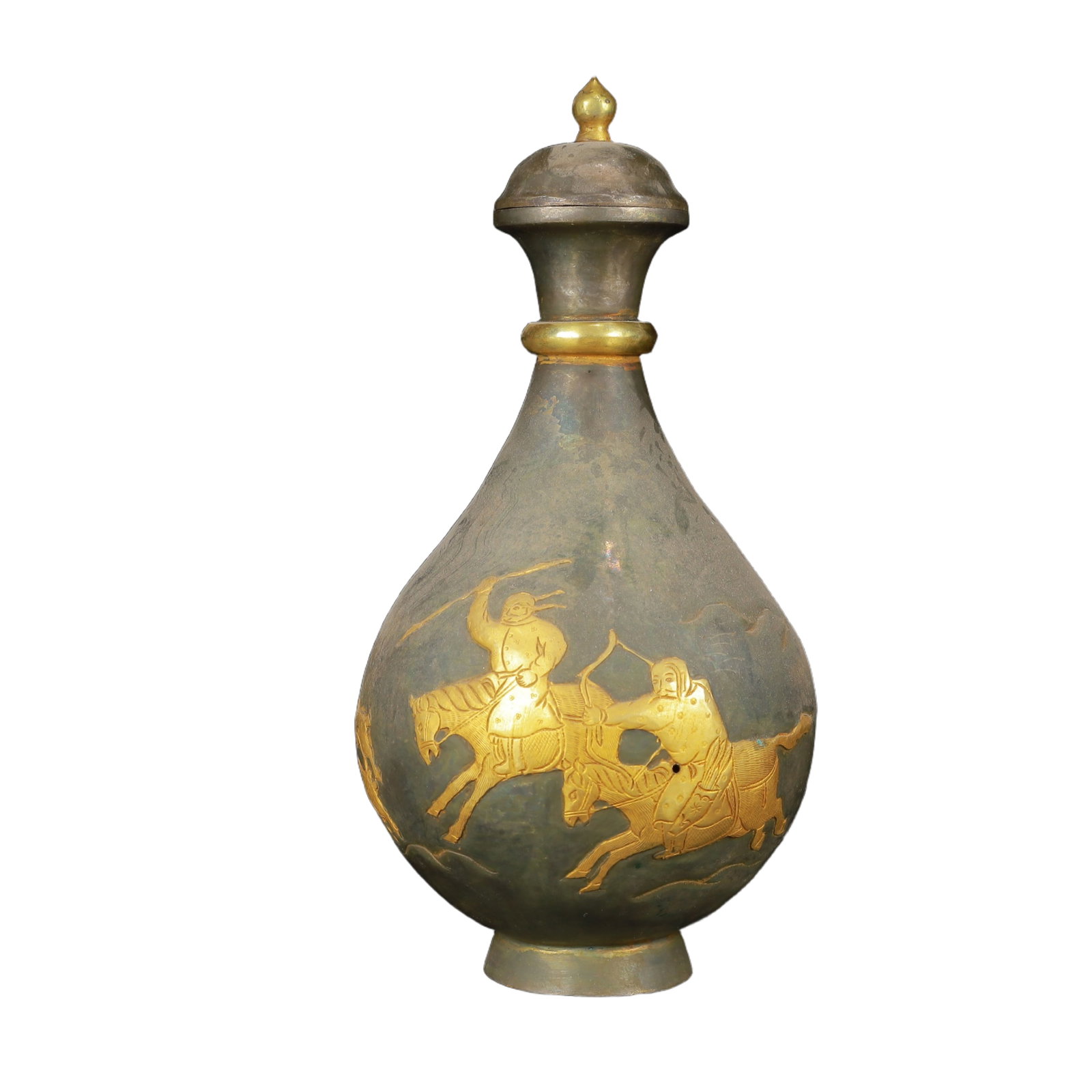 An Exquisite Gilt Silver Figure Pattern Bottle,with Poem: An Exquisite Gilt Silver Figure Pattern Bottle,with Poem,Tang Dynasty,China,Zhenguan Four-Character Mark,Size:4.3inx8.3in,Weight:600g 银鎏金人物纹带盖&#