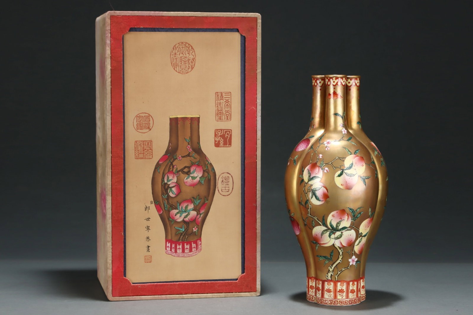 A Rare Famille-Rose Gilt Flower and Fruit Pattern Vase: A Rare Famille-Rose Gilt Flower and Fruit Pattern Vase,Qing Dynasty,China,Qianlong Four-character Mark,Size:12.1inx5.5in