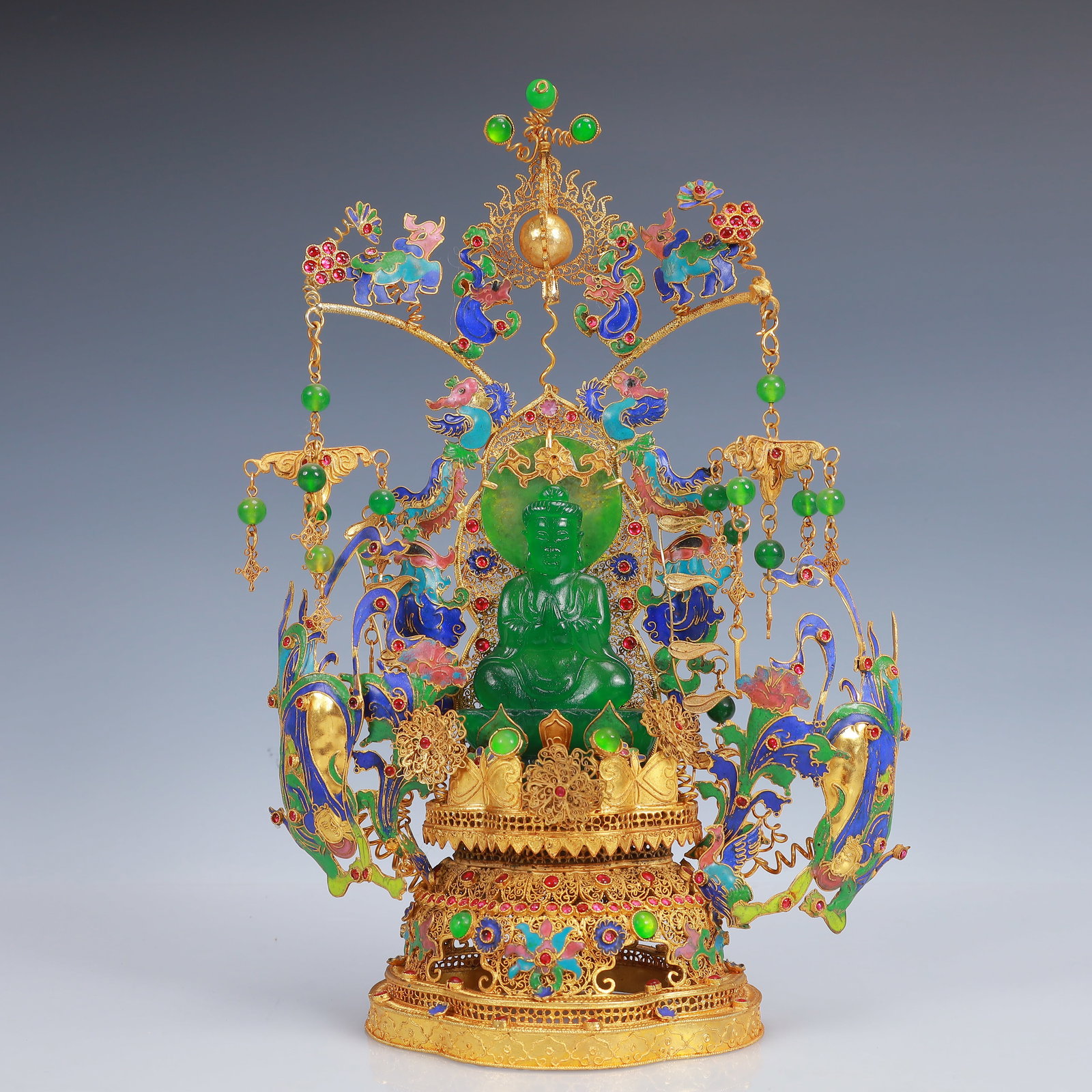 An Exquisite Filigree and Gilding Inlaid Jadeite Buddha Statue,Inlaid Gems: An Exquisite Filigree and Gilding Inlaid Jadeite Buddha Statue,Inlaid Gems,Qing Dynasty, China,Qianlong Four-Character Mark,Size:8.7inx4.7inx13in,Weight:813g 花丝鎏金嵌&#