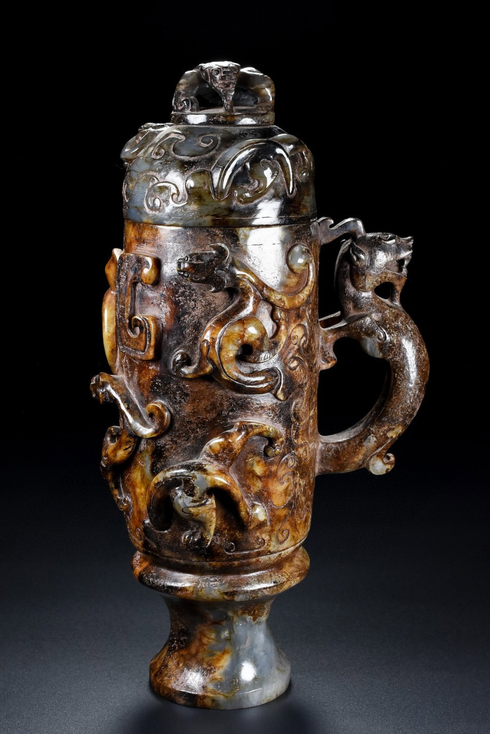 An Exquisite Archaic Jade Dragon and Phoenix Pattern Goblet (1 of 8)
