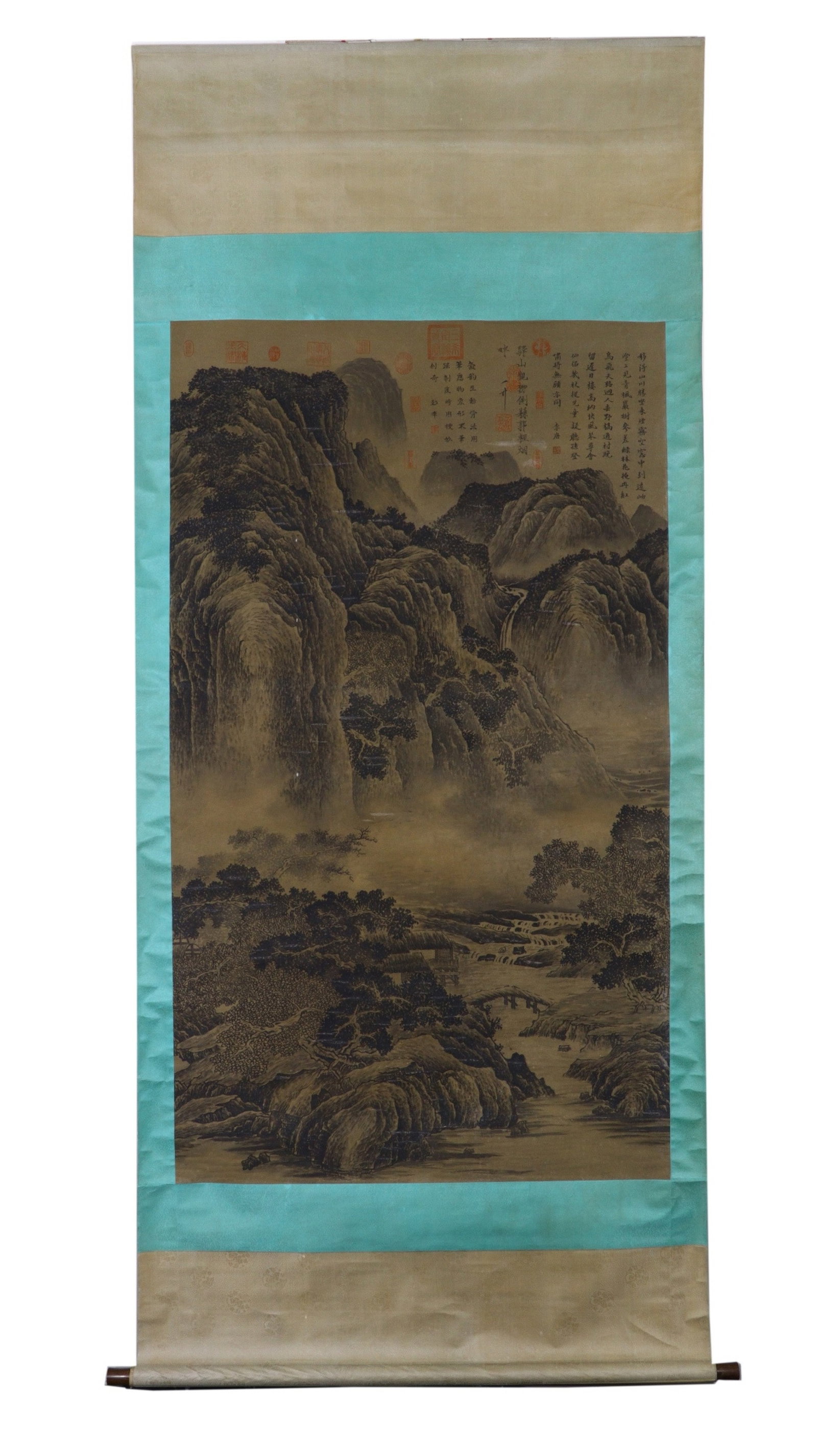 A Chinese Vertical Scroll Ink Painting of Landscape on Paper: A Chinese Vertical Scroll Ink Painting of Landscape on Paper,Li Tang,Size:66.1inx38.2in 一幅中国水墨山水画立轴,李唐