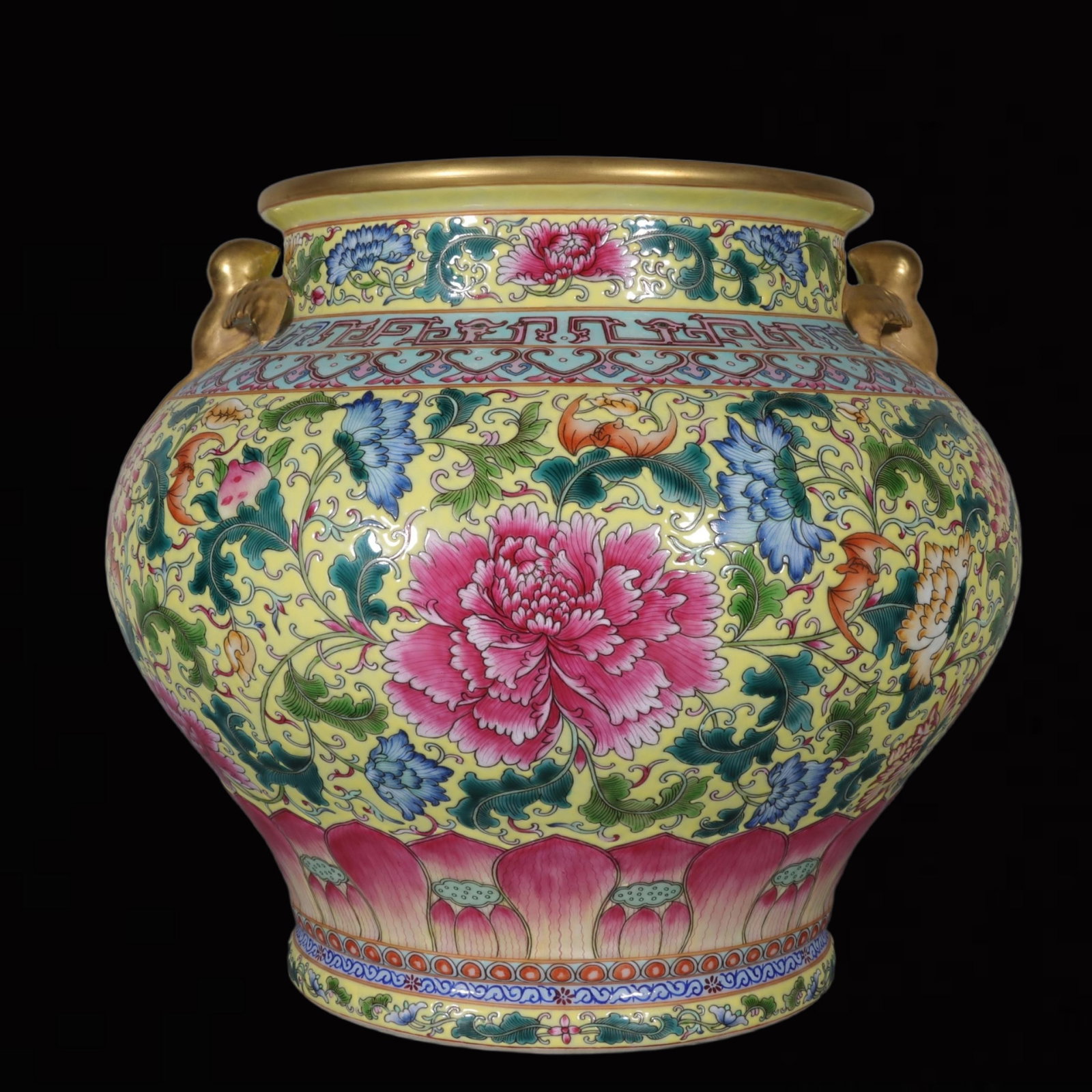 An Exquisite Yellow Ground Famille-Rose Painted Gold Beast-Ears Lotus Pattern Vat: An Exquisite Yellow Ground Famille-Rose Painted Gold Beast-Ears Lotus Pattern Vat,Qing Dynasty,China,Qianlong Six-character Mark,Size:11.1inx8.4in 黄地粉彩描金Ð