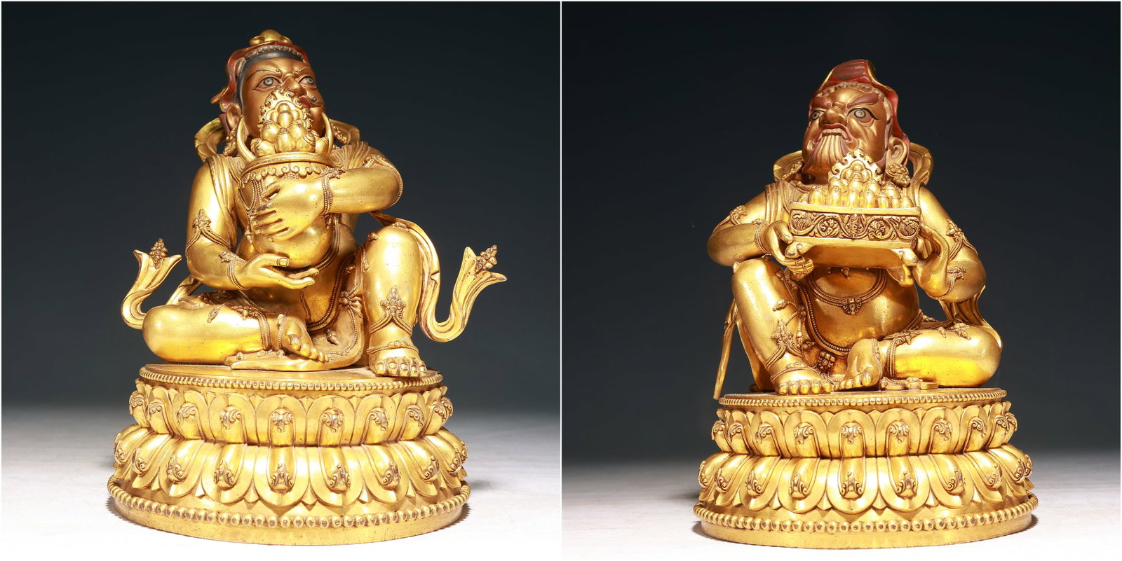 A Pair of Solemn Gilt Bronze Statue of Mammon: A Pair of Solemn Gilt Bronze Statue of Mammon,Ming Dynasty, China,Yongle Six-character Mark,Size:9.4inx7.9inx11.8in,Weight:14950g 一对铜鎏金财神像,È