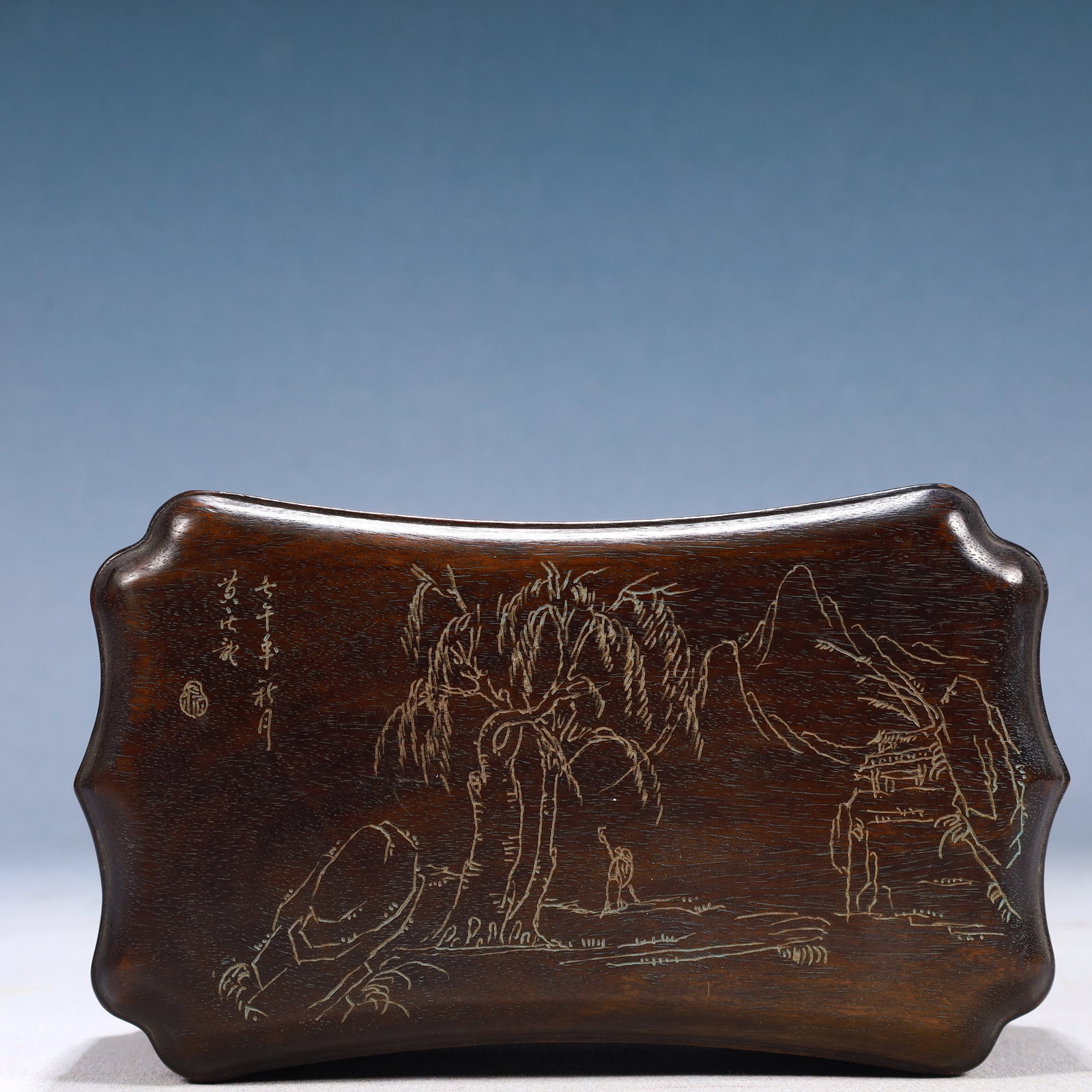 An Exquisite Zitanwood Landscape and Figure Pattern Cover Box: An Exquisite Zitanwood Landscape and Figure Pattern Cover Box,Qing Dynasty, China,Size:6.7inx4.3inx3in,Weight:450g 紫檀木山水人物纹盖盒,